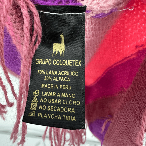 Alpaca Wool Youth XL Sweater Hooded Pink Striped Fringe Hem Pockets Made in Peru - Picture 4 of 12